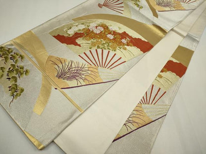 平和屋着物◎六通柄袋帯　唐織　扇面草花文　金銀糸　正絹　逸品　CABF6418ou