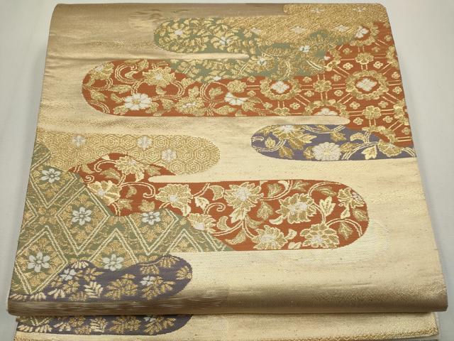 平和屋着物◎六通柄袋帯　エ霞草花文　金糸　正絹　逸品　CABF6419ou
