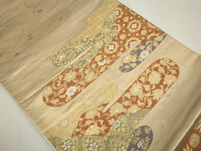 平和屋着物◎六通柄袋帯　エ霞草花文　金糸　正絹　逸品　CABF6419ou