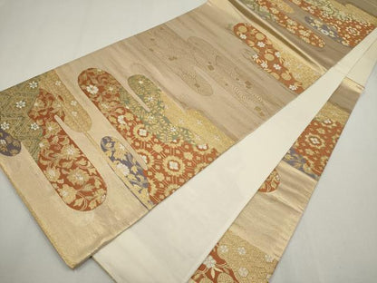 平和屋着物◎六通柄袋帯　エ霞草花文　金糸　正絹　逸品　CABF6419ou