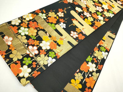 平和屋着物◎六通柄袋帯　唐織　エ霞枝梅文　黒地　金糸　正絹　逸品　CABF6421ou