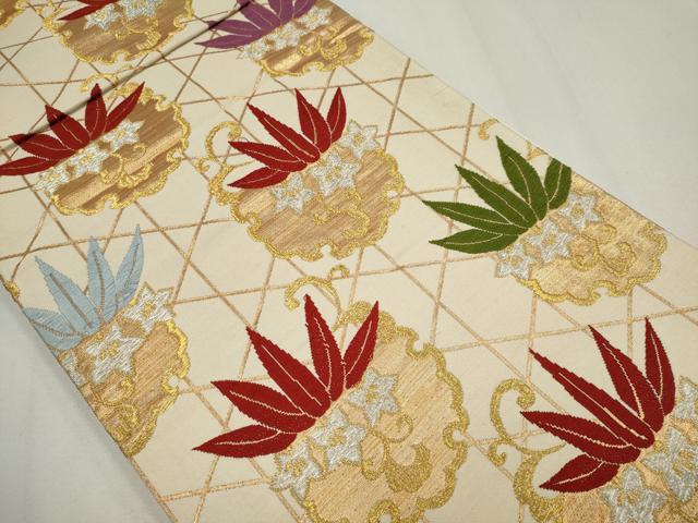 平和屋着物◎全通柄袋帯　唐織　雪輪笹文　金銀糸　正絹　逸品　CABF6422ou