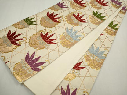 平和屋着物◎全通柄袋帯　唐織　雪輪笹文　金銀糸　正絹　逸品　CABF6422ou