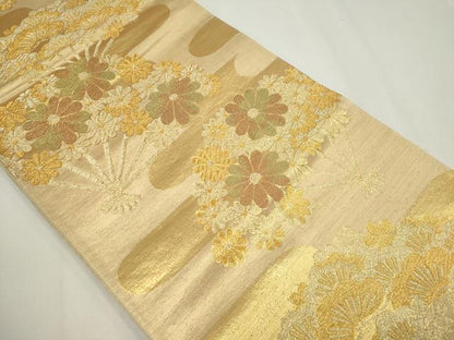 平和屋着物◎六通柄袋帯　扇面花松文　金糸　正絹　逸品　CABF6424ou
