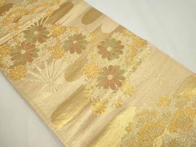 平和屋着物◎六通柄袋帯　扇面花松文　金糸　正絹　逸品　CABF6424ou