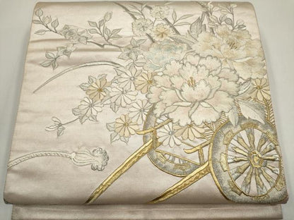 平和屋着物◎太鼓柄袋帯　総刺繍　花車文　金銀糸　正絹　逸品　CABF6432ou