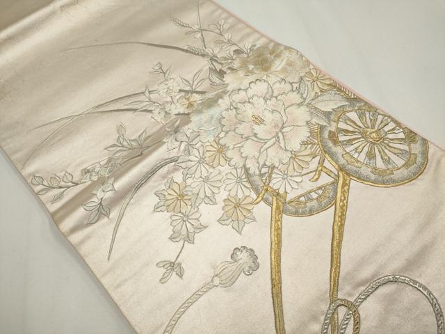 平和屋着物◎太鼓柄袋帯　総刺繍　花車文　金銀糸　正絹　逸品　CABF6432ou