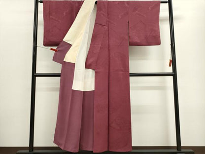 平和屋着物■上質な色無地 絵巻草花地紋 暗紅色 正絹 逸品 CABF6456ou