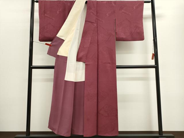 平和屋着物■上質な色無地 絵巻草花地紋 暗紅色 正絹 逸品 CABF6456ou