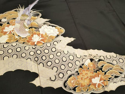 平和屋着物■黒留袖 尾長鳥花文 金彩 ロング丈 洗える着物 CABF6467ou