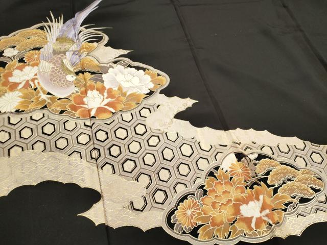 平和屋着物■黒留袖 尾長鳥花文 金彩 ロング丈 洗える着物 CABF6467ou