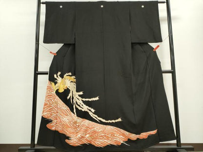 平和屋着物■豪華黒留袖 刺繍 鳳凰立波文 金彩 正絹 逸品 CABF6468ou
