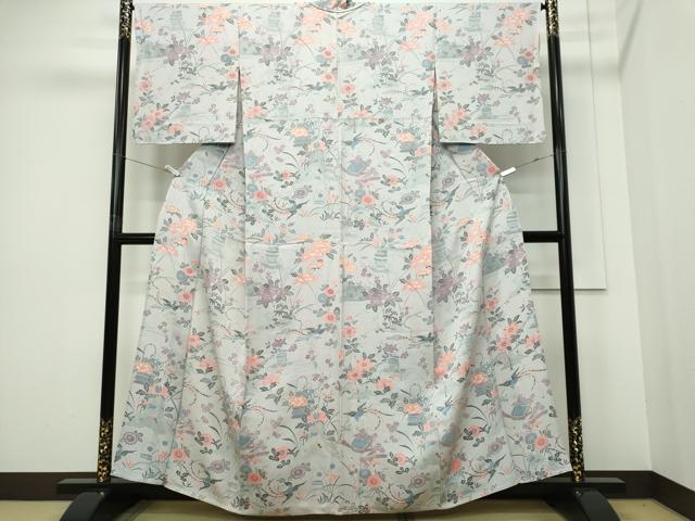 平和屋着物▽上質な小紋　単衣　鳳凰花文　正絹　逸品　CABF6479ou