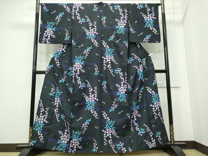平和屋着物▽小紋　単衣　藤花房　黒地　洗える着物　CABF6483ou