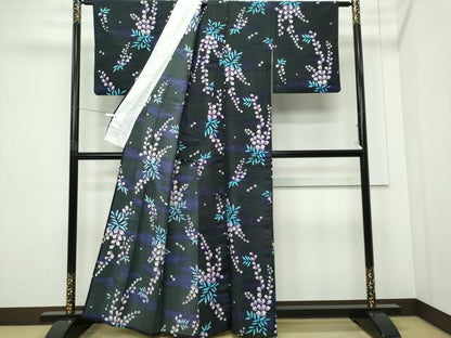 平和屋着物▽小紋　単衣　藤花房　黒地　洗える着物　CABF6483ou