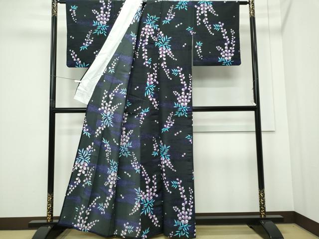 平和屋着物▽小紋　単衣　藤花房　黒地　洗える着物　CABF6483ou