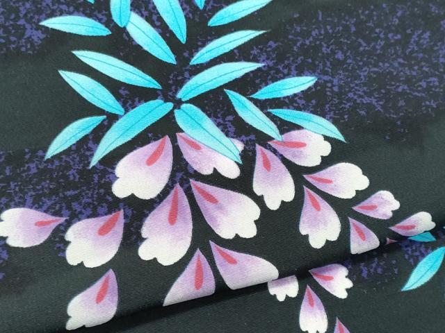 平和屋着物▽小紋　単衣　藤花房　黒地　洗える着物　CABF6483ou