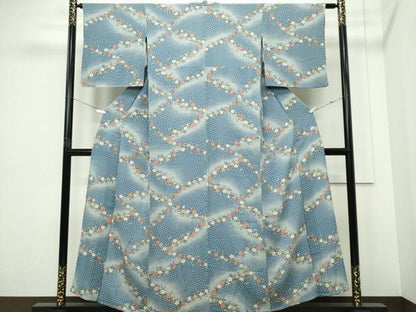 平和屋着物▽上質な小紋　単衣　草花文　鬼しぼ縮緬　正絹　逸品　CABF6493ou