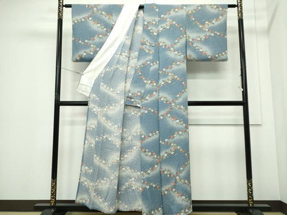 平和屋着物▽上質な小紋　単衣　草花文　鬼しぼ縮緬　正絹　逸品　CABF6493ou