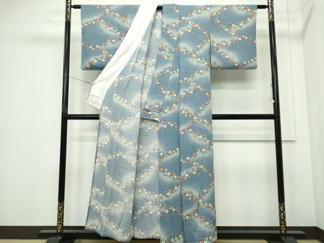 平和屋着物▽上質な小紋　単衣　草花文　鬼しぼ縮緬　正絹　逸品　CABF6493ou