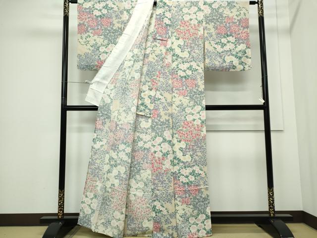 平和屋着物▽上質な小紋　単衣　花尽くし　鬼しぼ縮緬　正絹　逸品　CABF6498ou