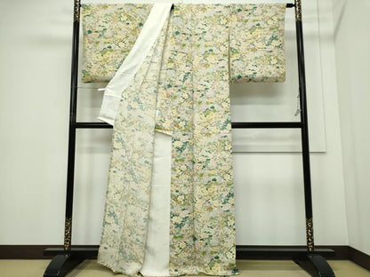 平和屋着物▽上質な小紋　単衣　草花文　鬼しぼ縮緬　正絹　逸品　CABF6499ou