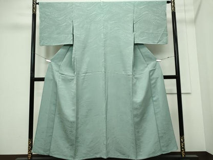 平和屋着物▽上質な色無地　単衣　流水地紋　錆青磁色　正絹　逸品　CABF6505ou
