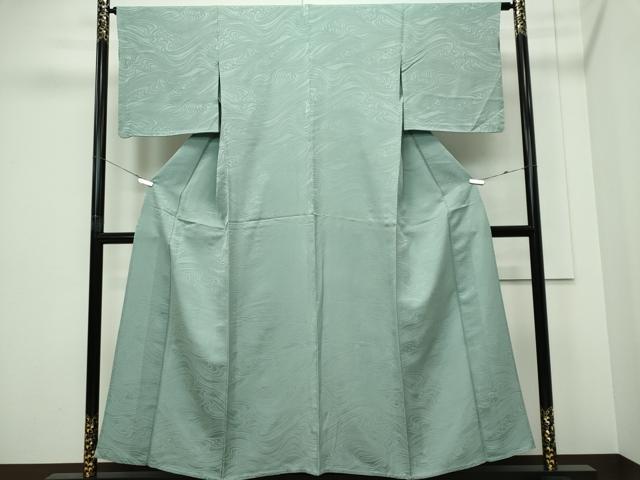 平和屋着物▽上質な色無地　単衣　流水地紋　錆青磁色　正絹　逸品　CABF6505ou
