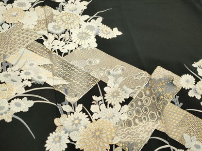 平和屋着物■豪華黒留袖　駒刺繍　草花文　金彩　正絹　逸品　CABF6506ou