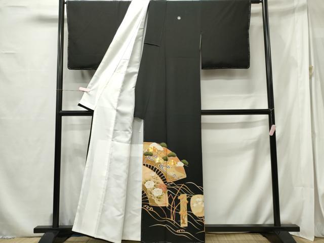 平和屋着物□豪華黒留袖 駒刺繍 扇面花松文 金彩 正絹 逸品 未