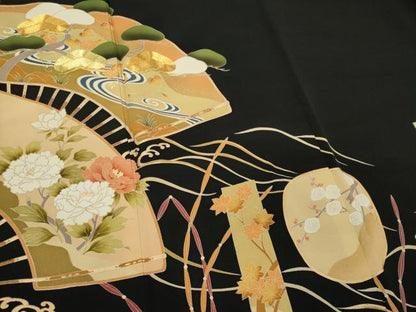 平和屋着物■豪華黒留袖 駒刺繍 扇面花松文 金彩 正絹 逸品 未使用 CABF6507ou