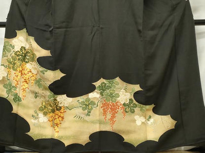 平和屋着物■豪華黒留袖 駒刺繍 葡萄蔦の葉文 暈し染め 金彩 正絹 逸品 CABF6509ou