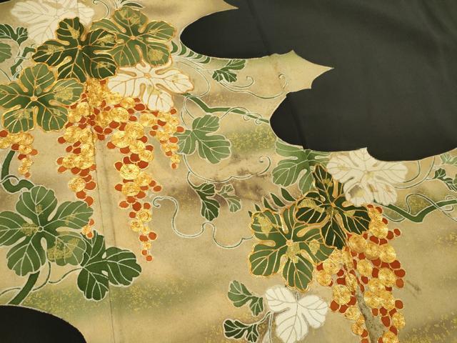 平和屋着物■豪華黒留袖 駒刺繍 葡萄蔦の葉文 暈し染め 金彩 正絹 逸品 CABF6509ou