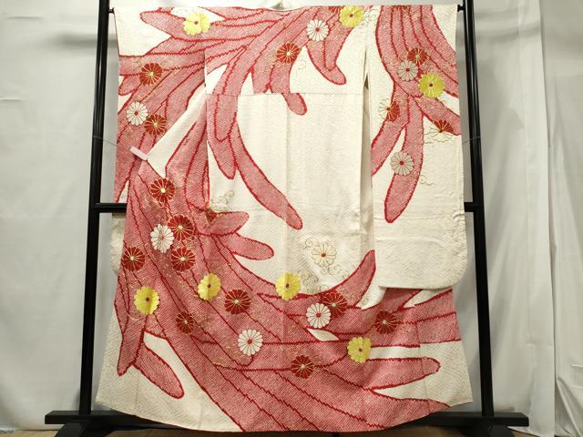 平和屋着物●豪華振袖　駒刺繍　絞り　舞花文　正絹　逸品　AABH0559fy 平和屋着物□豪華振袖 駒刺繍 絞り 雲取り草花文 金彩 正絹 逸品