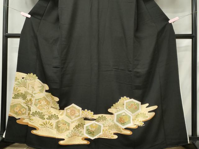 平和屋着物■豪華黒留袖　駒刺繍　飛鶴花松文　金彩　正絹　逸品　CABF6541ou