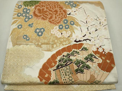 平和屋着物◎六通柄袋帯 唐織 檜扇花松文 金糸 正絹 逸品 CABF6565ou
