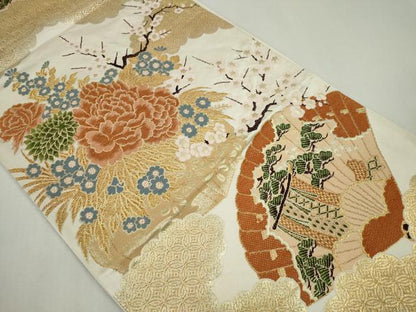 平和屋着物◎六通柄袋帯 唐織 檜扇花松文 金糸 正絹 逸品 CABF6565ou