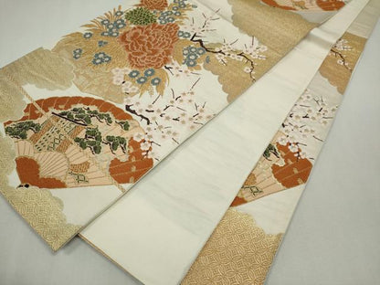 平和屋着物◎六通柄袋帯 唐織 檜扇花松文 金糸 正絹 逸品 CABF6565ou