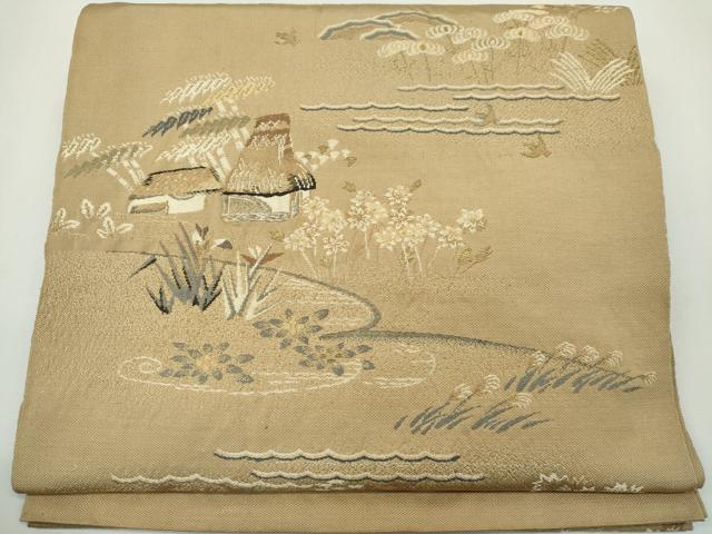 平和屋着物◎太鼓柄 本袋帯 唐織 風景文 金糸 正絹 逸品 CABF6569ou