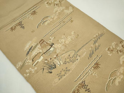 平和屋着物◎太鼓柄 本袋帯 唐織 風景文 金糸 正絹 逸品 CABF6569ou