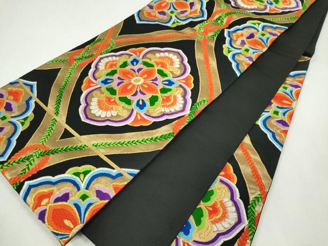平和屋着物◎六通柄袋帯　唐織　正倉院花文　黒地　金銀糸　正絹　逸品　CABF6570ou