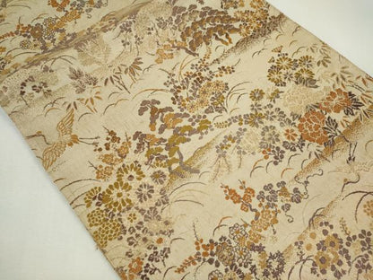 平和屋着物◎アンティーク 大正ロマン 丸帯 唐織 飛鶴草花文 金糸 正絹 逸品 CABF6576ou