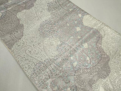 平和屋着物◎六通柄袋帯 切嵌草花文 銀糸 正絹 逸品 CABF6580ou