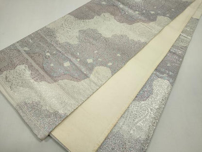 平和屋着物◎六通柄袋帯 切嵌草花文 銀糸 正絹 逸品 CABF6580ou