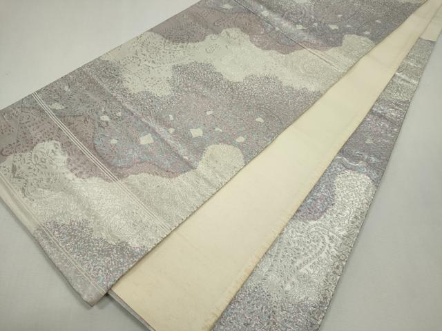 平和屋着物◎六通柄袋帯 切嵌草花文 銀糸 正絹 逸品 CABF6580ou