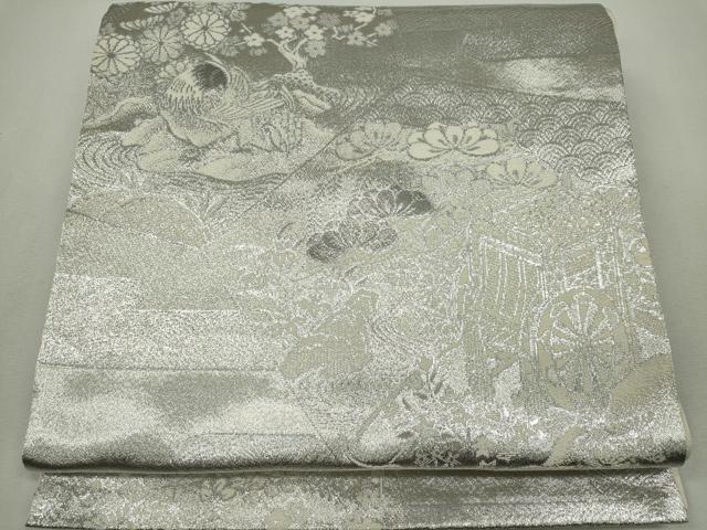 平和屋着物◎六通柄袋帯 御所車鴛鴦花文 プラチナ銀箔二重織 正絹 逸品 CABF6584ou