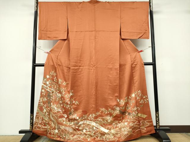 平和屋着物■色留訪問着　駒刺繍　立波枝花文　金銀彩　正絹　逸品　CABF6628ou
