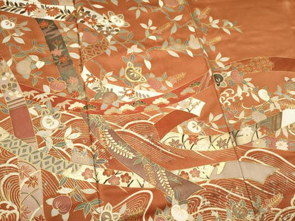 平和屋着物■色留訪問着　駒刺繍　立波枝花文　金銀彩　正絹　逸品　CABF6628ou