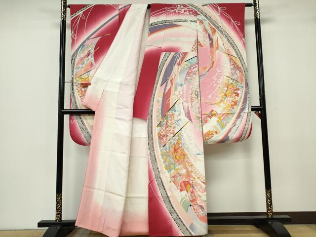 平和屋着物■豪華振袖　駒刺繍　几帳吉祥花文　暈し染め　金銀彩　正絹　逸品　CABF6630ou