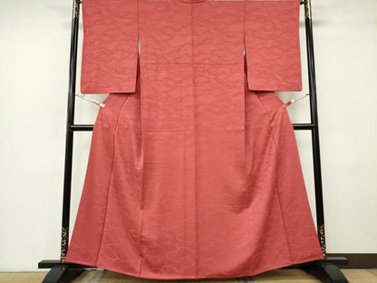 平和屋着物■上質な色無地　雲取り流水地紋　銀朱色　正絹　逸品　CABF6640ou